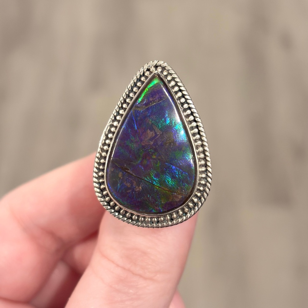 Vintage Sterling Large Blue Ammolite Ring, Triangle Doublet Adjustable Band - Picture 4 of 17